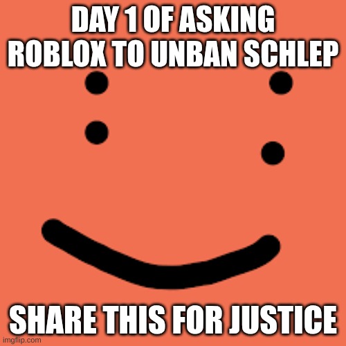 day 1 | DAY 1 OF ASKING ROBLOX TO UNBAN SCHLEP; SHARE THIS FOR JUSTICE | image tagged in schlep,roblox,fun | made w/ Imgflip meme maker