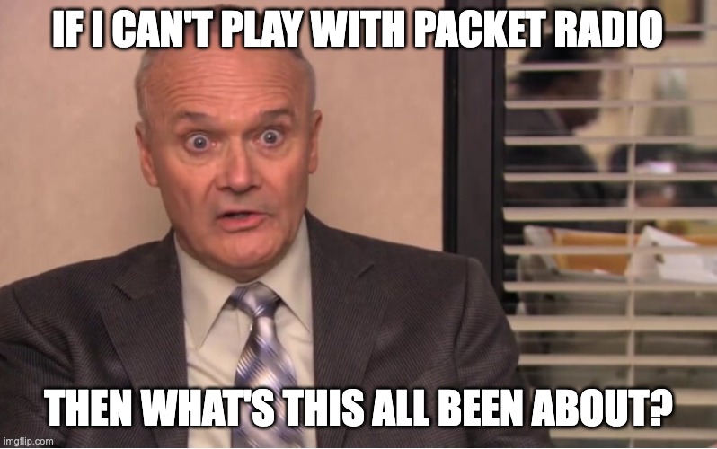 Packet Radio - Amateur Radio - Ham Radio - Winlink - VARA - LoRa - Sonde | IF I CAN'T PLAY WITH PACKET RADIO; THEN WHAT'S THIS ALL BEEN ABOUT? | image tagged in creed bratton,radio,digital | made w/ Imgflip meme maker