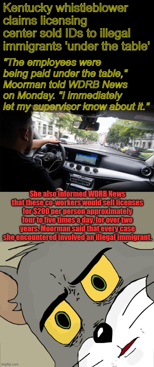 Watch that SEMI behind you going 80mph with a guy who can't  read English & has a bought drivers license. Whistelblower FIRED | Kentucky whistleblower claims licensing center sold IDs to illegal immigrants 'under the table'; "The employees were being paid under the table," Moorman told WDRB News on Monday. "I immediately let my supervisor know about it."; She also informed WDRB News that these co-workers would sell licenses for $200 per person approximately four to five times a day, for over two years. Moorman said that every case she encountered involved an illegal immigrant. | image tagged in memes,unsettled tom | made w/ Imgflip meme maker