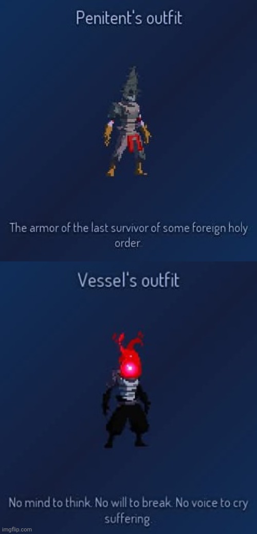Unlocking the Blasphemous and Hollow Knight secret outfits in Dead Cells before GTA 6 | made w/ Imgflip meme maker