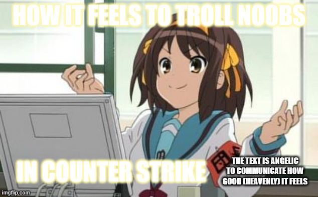 Haruhi Computer | HOW IT FEELS TO TROLL NOOBS; IN COUNTER STRIKE; THE TEXT IS ANGELIC TO COMMUNICATE HOW GOOD (HEAVENLY) IT FEELS | image tagged in haruhi computer | made w/ Imgflip meme maker