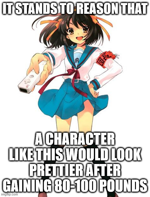 logic | IT STANDS TO REASON THAT; A CHARACTER LIKE THIS WOULD LOOK PRETTIER AFTER GAINING 80-100 POUNDS | made w/ Imgflip meme maker