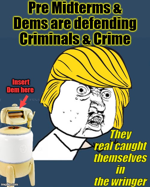 Dems are Theylieingtoyouagain They always lie to you. Low hanging boobs were a problem if you had a wringer machine. | Pre Midterms & Dems are defending Criminals & Crime; Insert Dem here; They real caught themselves in the wringer | image tagged in memes,y u no | made w/ Imgflip meme maker