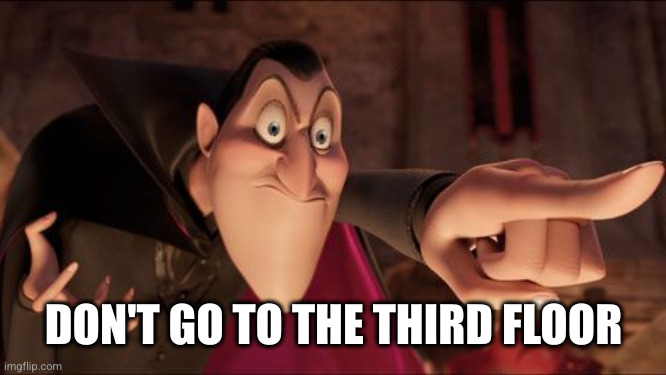 Hotel Transylvania Dracula pointing meme | DON'T GO TO THE THIRD FLOOR | image tagged in hotel transylvania dracula pointing meme | made w/ Imgflip meme maker