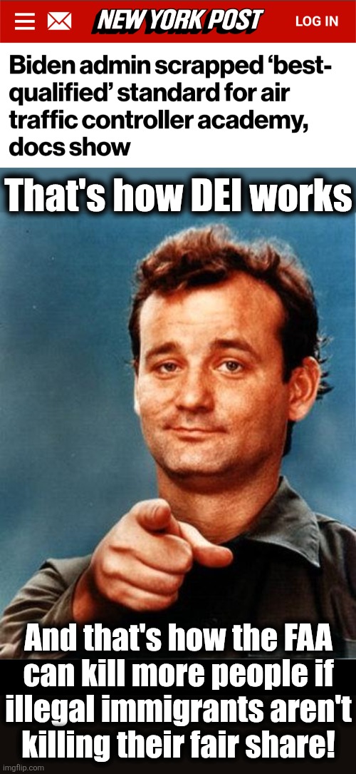 Core democrat times two | That's how DEI works; And that's how the FAA
can kill more people if
illegal immigrants aren't
killing their fair share! | image tagged in bill murray,memes,dei,air traffic controllers,faa,illegal immigrants | made w/ Imgflip meme maker