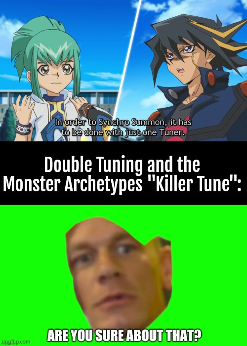 I'm wondering how Yusei (the right one) react to the new Archetypes "Killer Tune". | Double Tuning and the Monster Archetypes "Killer Tune": | image tagged in are you sure about that,yugioh | made w/ Imgflip meme maker