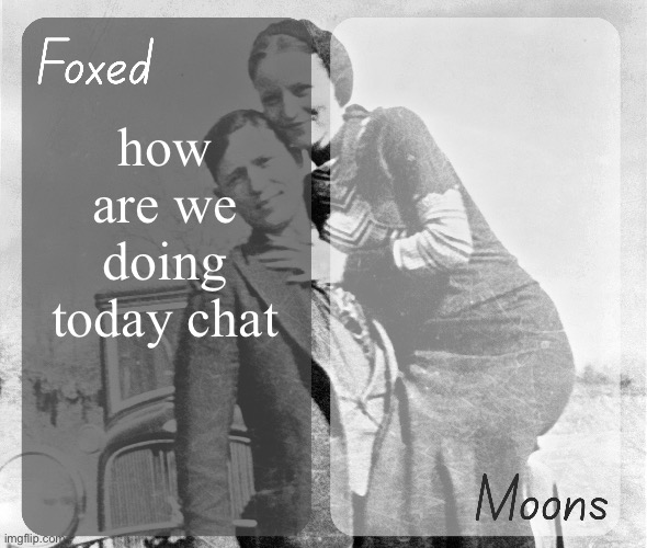 Foxed n Moons - Bonnie and Clyde temp | how are we doing today chat | image tagged in foxed n moons - bonnie and clyde temp | made w/ Imgflip meme maker