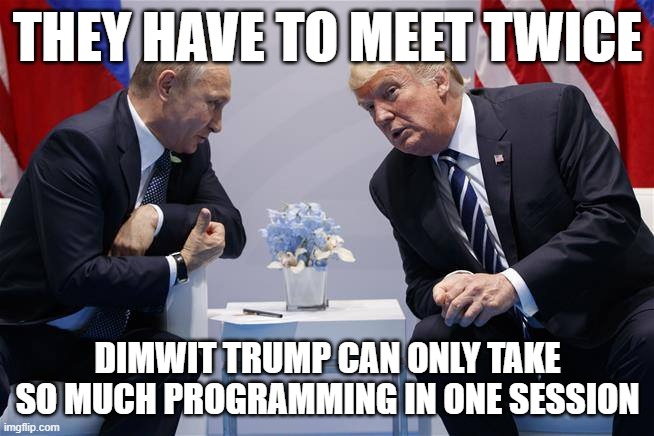 Meeting putin twice, for a full brainwash.. all two cells. | THEY HAVE TO MEET TWICE; DIMWIT TRUMP CAN ONLY TAKE SO MUCH PROGRAMMING IN ONE SESSION | image tagged in trump putin | made w/ Imgflip meme maker