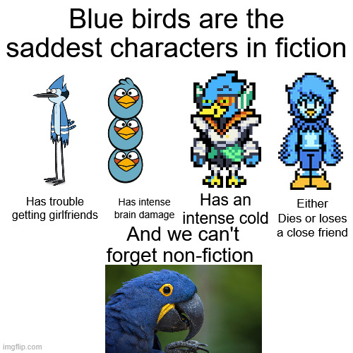 (Don't forget the blue bird from celeste) | Blue birds are the saddest characters in fiction; Has intense brain damage; Has an intense cold; Has trouble getting girlfriends; Either Dies or loses a close friend; And we can't forget non-fiction | made w/ Imgflip meme maker