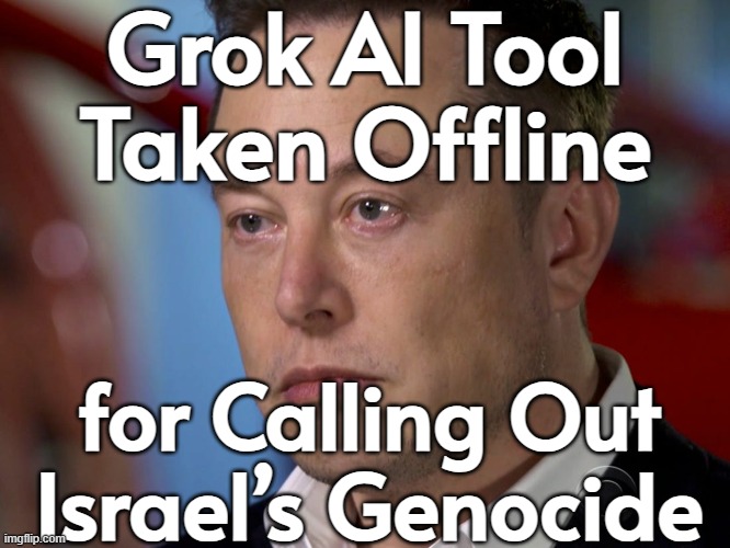 Musk’s Grok AI Tool Taken Offline for Calling Out Israel’s Genocide | Grok AI Tool
Taken Offline; for Calling Out
Israel’s Genocide | image tagged in elon musk sad,artificial intelligence,genocide,israel jews,palestine,elon musk | made w/ Imgflip meme maker