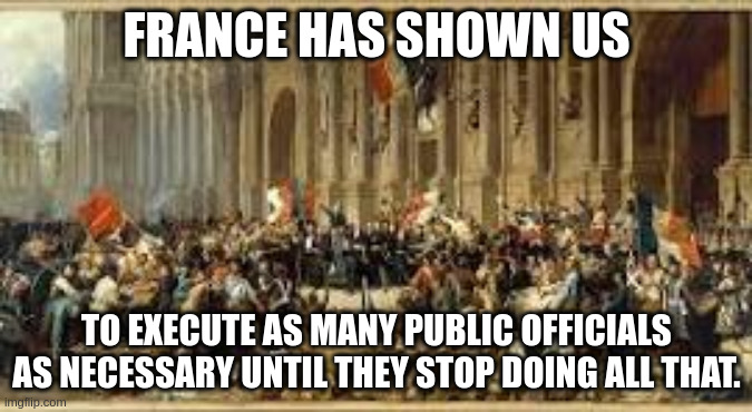 Execution | FRANCE HAS SHOWN US; TO EXECUTE AS MANY PUBLIC OFFICIALS AS NECESSARY UNTIL THEY STOP DOING ALL THAT. | image tagged in french revolution | made w/ Imgflip meme maker