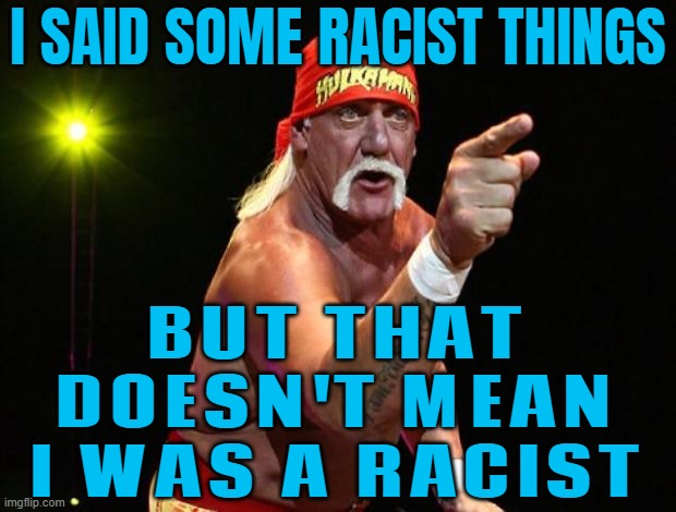 Vince McMahon claims Hulk Hogan ‘wasn’t racist’ but ‘said some racist things’ | I SAID SOME RACIST THINGS; BUT THAT
DOESN'T MEAN
I WAS A RACIST | image tagged in hulk hogan,wrestling,racism,no racism,not racist,racist | made w/ Imgflip meme maker