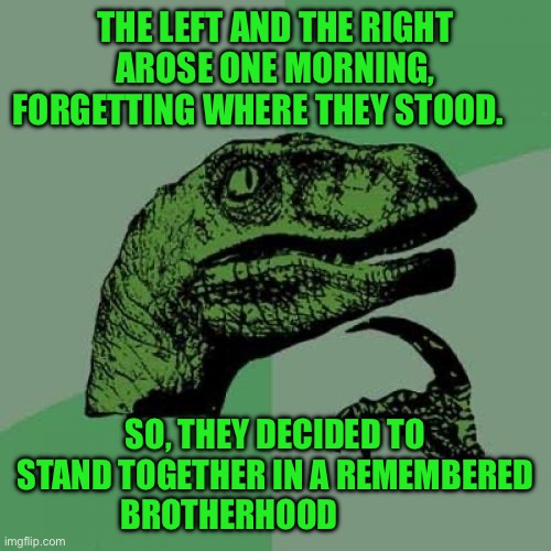 Philosoraptor Meme | THE LEFT AND THE RIGHT AROSE ONE MORNING, FORGETTING WHERE THEY STOOD. SO, THEY DECIDED TO STAND TOGETHER IN A REMEMBERED  BROTHERHOOD | image tagged in memes,philosoraptor | made w/ Imgflip meme maker