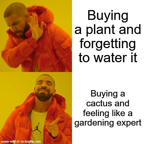 I want to be a gardening expert | Buying a plant and forgetting to water it; Buying a cactus and feeling like a gardening expert | image tagged in memes,drake hotline bling,funny | made w/ Imgflip meme maker