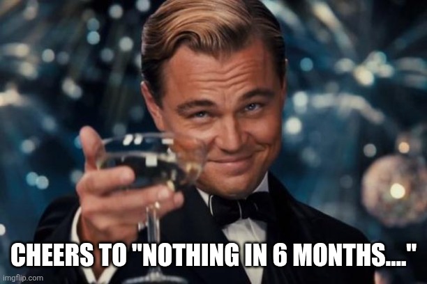 Leonardo Dicaprio Cheers Meme | CHEERS TO "NOTHING IN 6 MONTHS...." | image tagged in memes,leonardo dicaprio cheers | made w/ Imgflip meme maker
