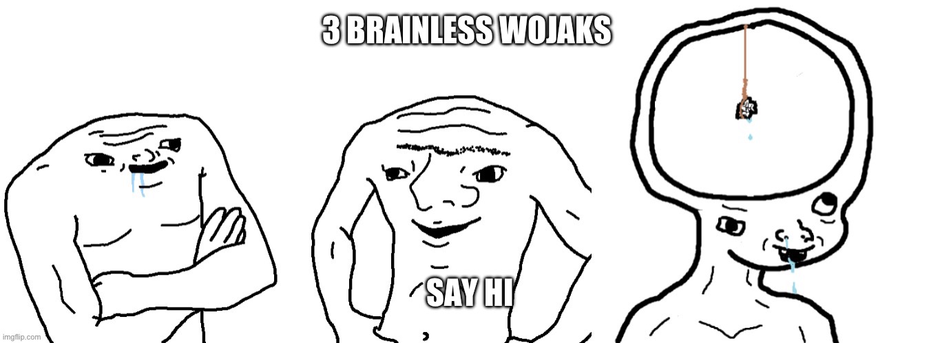3 Brainless Wojaks | 3 BRAINLESS WOJAKS; SAY HI | image tagged in 3 brainless wojaks | made w/ Imgflip meme maker