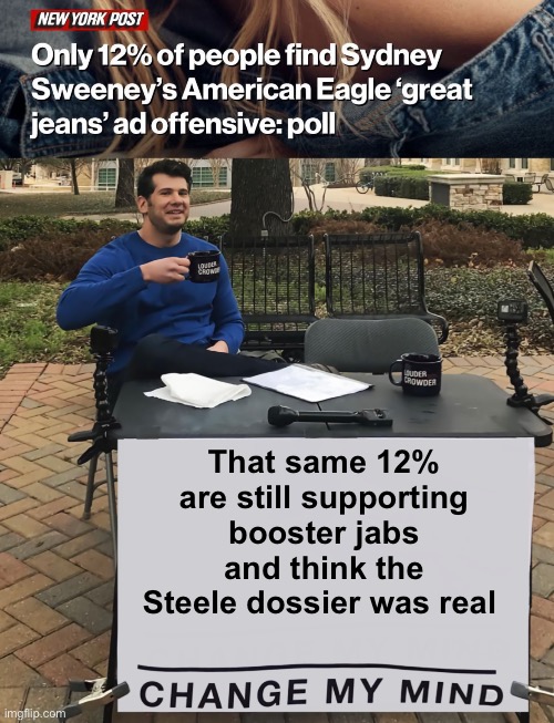 Liberalism is a mental disorder | That same 12% are still supporting booster jabs and think the Steele dossier was real | image tagged in change my mind tilt-corrected,politics lol,memes | made w/ Imgflip meme maker