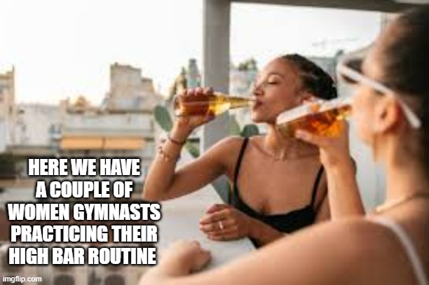Here we have a couple of women gymnasts practicing their high bar. | HERE WE HAVE A COUPLE OF WOMEN GYMNASTS PRACTICING THEIR HIGH BAR ROUTINE | image tagged in sports,funny,gymnastics,women,alcohol,humor | made w/ Imgflip meme maker