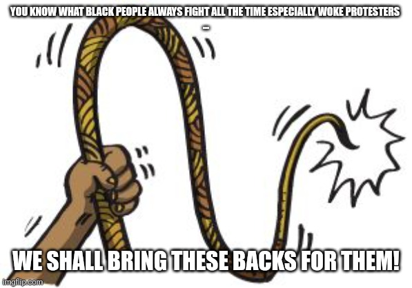 DA WHIP | YOU KNOW WHAT BLACK PEOPLE ALWAYS FIGHT ALL THE TIME ESPECIALLY WOKE PROTESTERS 
... WE SHALL BRING THESE BACKS FOR THEM! | image tagged in da whip | made w/ Imgflip meme maker