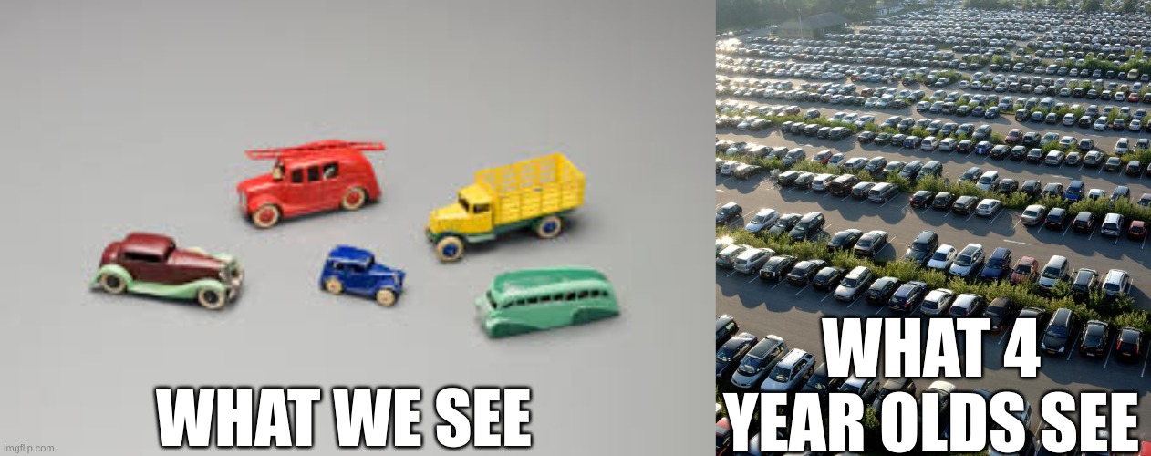 Cars | WHAT 4 YEAR OLDS SEE; WHAT WE SEE | image tagged in dinky cars,dumb parking lot,cars | made w/ Imgflip meme maker