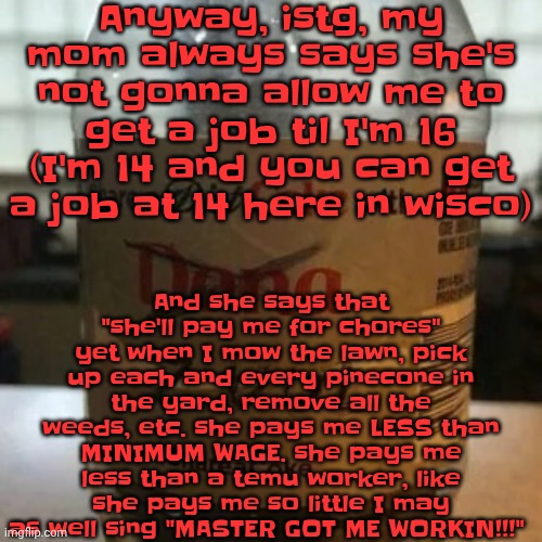 Like dude it pisses me off JUST TREAT ME LIKE A HUMAN IF YOU GONNA PAY ME FOR CHORES | Anyway, istg, my mom always says she's not gonna allow me to get a job til I'm 16 (I'm 14 and you can get a job at 14 here in wisco); And she says that "she'll pay me for chores" yet when I mow the lawn, pick up each and every pinecone in the yard, remove all the weeds, etc. she pays me LESS than MINIMUM WAGE. she pays me less than a temu worker, like she pays me so little I may as well sing "MASTER GOT ME WORKIN!!!" | image tagged in there is no diet only zero | made w/ Imgflip meme maker