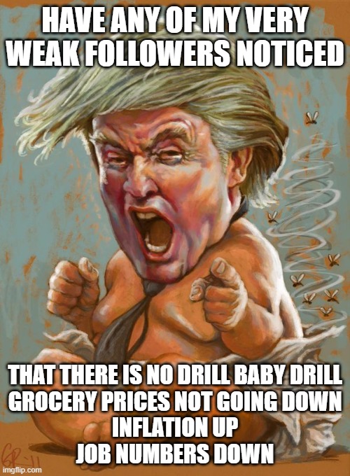 maggots not brilliant, clown show every day | HAVE ANY OF MY VERY WEAK FOLLOWERS NOTICED; THAT THERE IS NO DRILL BABY DRILL
GROCERY PRICES NOT GOING DOWN
INFLATION UP
JOB NUMBERS DOWN | image tagged in trump baby infant full diaper | made w/ Imgflip meme maker