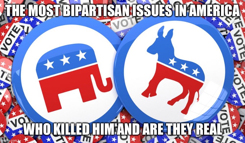 Republicans and Democrats together | THE MOST BIPARTISAN ISSUES IN AMERICA; WHO KILLED HIM AND ARE THEY REAL | image tagged in republicans and democrats together | made w/ Imgflip meme maker