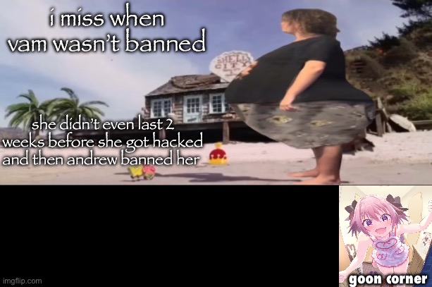 wide load | i miss when vam wasn’t banned; she didn’t even last 2 weeks before she got hacked and then andrew banned her; goon corner | image tagged in wide load | made w/ Imgflip meme maker