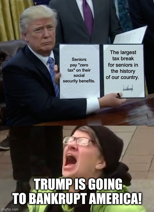 Liberal assholes | Seniors pay "zero tax" on their social security benefits. The largest tax break for seniors in the history of our country. TRUMP IS GOING TO BANKRUPT AMERICA! | image tagged in memes,trump bill signing,screaming liberal | made w/ Imgflip meme maker