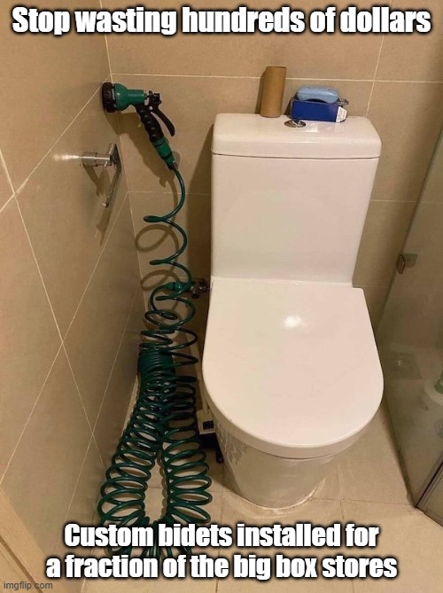 Custom Bidet | Stop wasting hundreds of dollars; Custom bidets installed for a fraction of the big box stores | image tagged in bidet,toilet,potty humor,shitpost | made w/ Imgflip meme maker