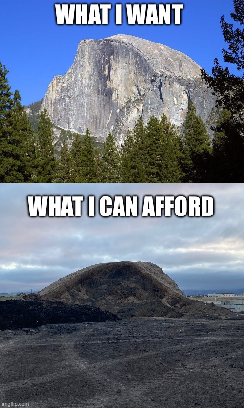 sad, but true | WHAT I WANT; WHAT I CAN AFFORD | image tagged in what i want,what i can afford,meme,funny,yosemite,half dome | made w/ Imgflip meme maker
