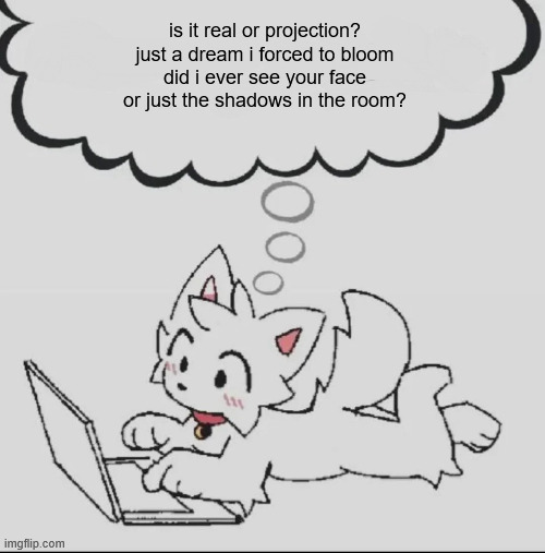 ././. | is it real or projection?
just a dream i forced to bloom
did i ever see your face
or just the shadows in the room? | image tagged in huh guh hwuh | made w/ Imgflip meme maker