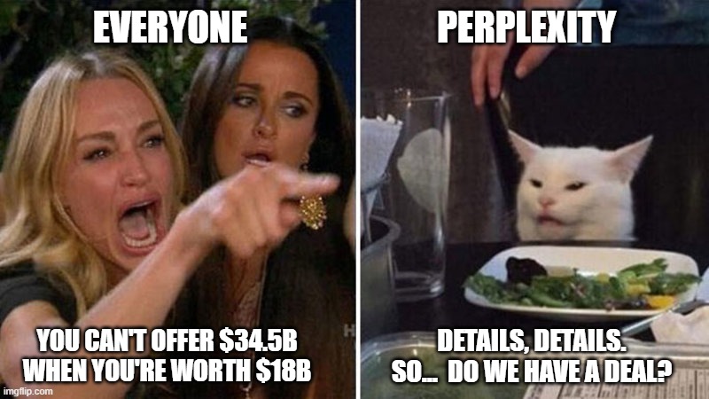 perplexity tries to buy chrome | EVERYONE                           PERPLEXITY; DETAILS, DETAILS. SO...  DO WE HAVE A DEAL? YOU CAN'T OFFER $34.5B WHEN YOU'RE WORTH $18B | image tagged in woman yelling at white cat | made w/ Imgflip meme maker