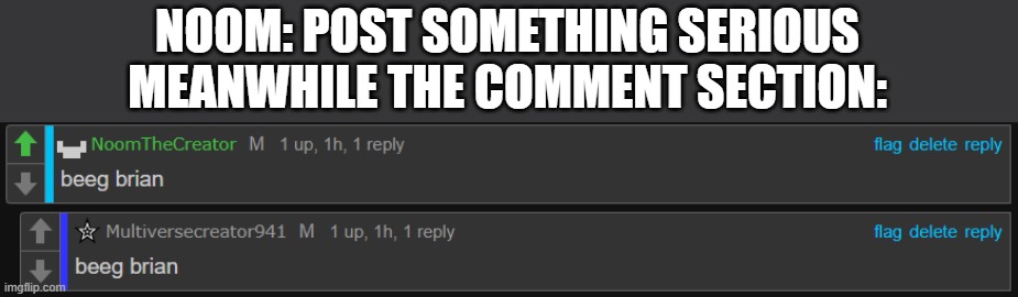 beeg brian | NOOM: POST SOMETHING SERIOUS
MEANWHILE THE COMMENT SECTION: | image tagged in beeg brian | made w/ Imgflip meme maker