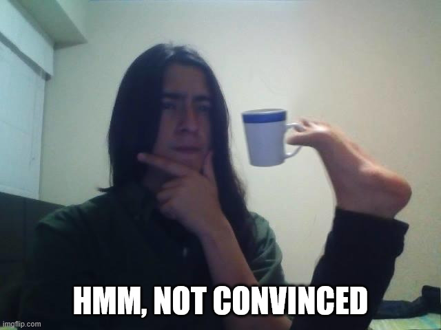 Hmmmm | HMM, NOT CONVINCED | image tagged in hmmmm | made w/ Imgflip meme maker