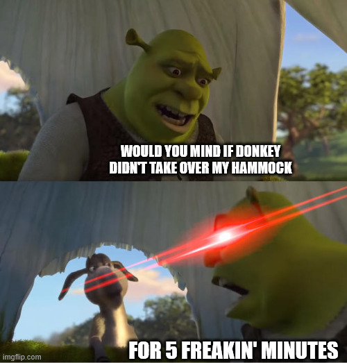 Shrek For Five Minutes | WOULD YOU MIND IF DONKEY DIDN'T TAKE OVER MY HAMMOCK FOR 5 FREAKIN' MINUTES | image tagged in shrek for five minutes | made w/ Imgflip meme maker