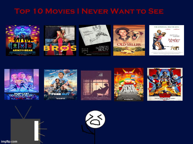 top 10 movies i will never watch | image tagged in i will never watch them,top 10 movies,cinema,depression sadness hurt pain anxiety,films,garbage | made w/ Imgflip meme maker