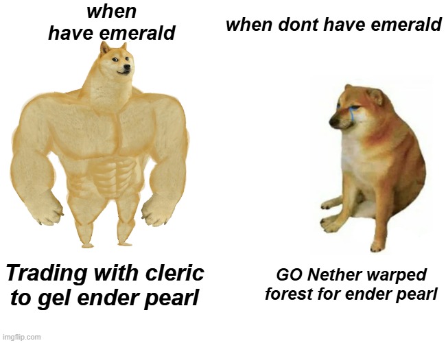 Buff Doge vs. Cheems | when have emerald; when dont have emerald; Trading with cleric to gel ender pearl; GO Nether warped forest for ender pearl | image tagged in memes,buff doge vs cheems | made w/ Imgflip meme maker