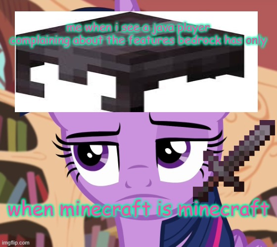 minecraft is minecraft so is it relatable | me when i see a java player complaining about the features bedrock has only; when minecraft is minecraft | image tagged in unamused twilight sparkle mlp | made w/ Imgflip meme maker
