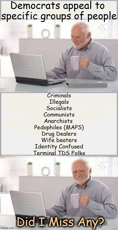 Sick, Lame and Lazy | Democrats appeal to 
specific groups of people; Criminals
Illegals
Socialists
Communists
Anarchists 
Pedophiles (MAPS)
Drug Dealers
Wife beaters
Identity Confused
Terminal TDS Folks; Did I Miss Any? | image tagged in political humor,democrat,supporters,group,the best,think about it | made w/ Imgflip meme maker