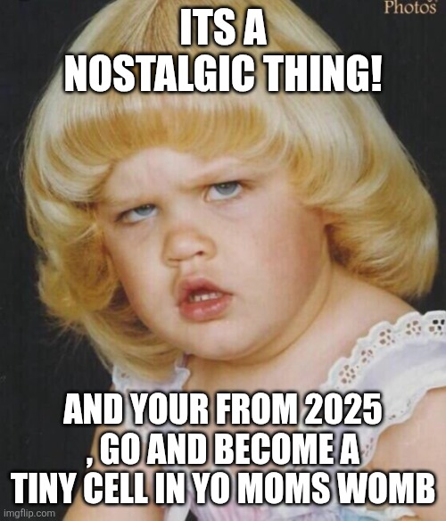 Why tho | ITS A NOSTALGIC THING! AND YOUR FROM 2025 , GO AND BECOME A TINY CELL IN YO MOMS WOMB | image tagged in why tho | made w/ Imgflip meme maker