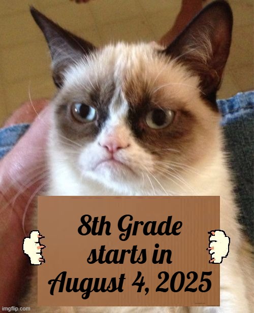 Me I started 8th grade in August 4, 2025 | 8th Grade
starts in August 4, 2025 | image tagged in grumpy cat cardboard sign | made w/ Imgflip meme maker