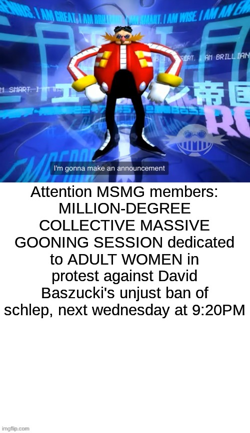 I’ve come to make announcement | Attention MSMG members:
MILLION-DEGREE COLLECTIVE MASSIVE GOONING SESSION dedicated to ADULT WOMEN in protest against David Baszucki's unjust ban of schlep, next wednesday at 9:20PM | image tagged in i ve come to make announcement,memes,shitpost,gooning session,roblox | made w/ Imgflip meme maker