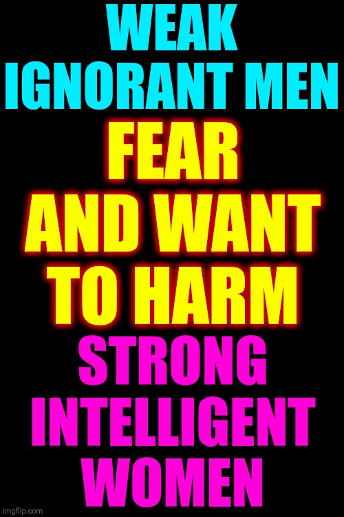 Women Are WARRIORS!  We Are LIONESSES!  ALL THE WOMEN IN THE WORLD STAND UP AND COME TOGETHER NOW! | WEAK IGNORANT MEN; FEAR AND WANT TO HARM; STRONG INTELLIGENT WOMEN | image tagged in memes,strong women,intelligent women,independent women,women vs troglodytes,wake up | made w/ Imgflip meme maker