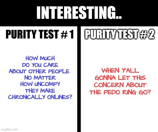 Being told about the left's purity tests lol | image tagged in lolz,dark humor | made w/ Imgflip meme maker