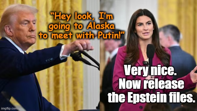 T-Rump Plays Negotiator | “Hey look, I’m going to Alaska to meet with Putin!”; Very nice.  Now release the Epstein files. | image tagged in donald trump,donald trump is an idiot,nevertrump meme,maga,putin,trump russia collusion | made w/ Imgflip meme maker