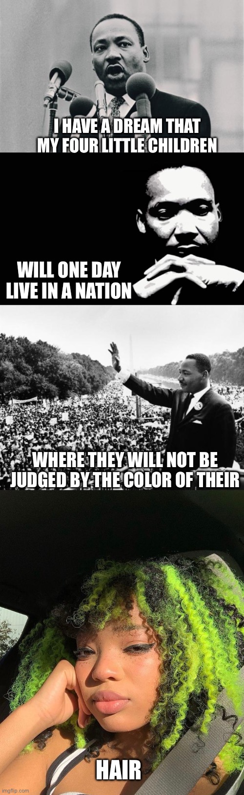 Every parent… | I HAVE A DREAM THAT MY FOUR LITTLE CHILDREN; WILL ONE DAY LIVE IN A NATION; WHERE THEY WILL NOT BE JUDGED BY THE COLOR OF THEIR; HAIR | image tagged in mlk jr i have a dream,martin luther king jr,i dreamed a dream mlk,green hair | made w/ Imgflip meme maker