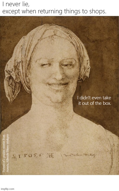 Yeh | I never lie,
except when returning things to shops. I didn't even take
 it out of the box. Portrait of a peasant woman from
Austria, Albrecht Dürer: minkpen | image tagged in artmemes,durer,shopping,returns | made w/ Imgflip meme maker