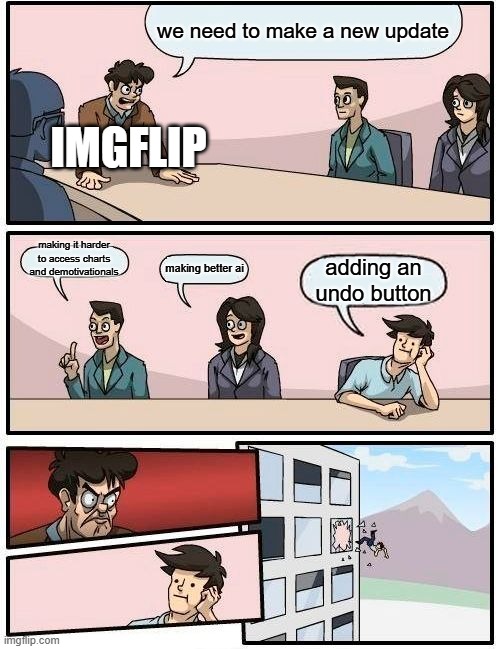 Boardroom Meeting Suggestion | we need to make a new update; IMGFLIP; making it harder to access charts and demotivationals; making better ai; adding an undo button | image tagged in memes,boardroom meeting suggestion,imgflip | made w/ Imgflip meme maker