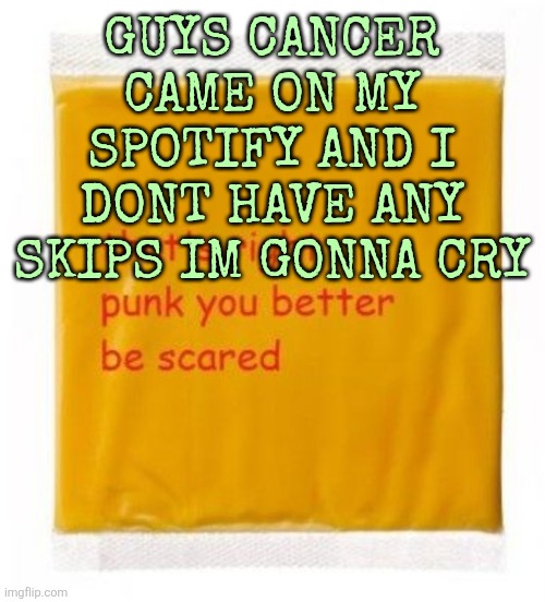 that's right punk you better be scared cheese | GUYS CANCER CAME ON MY SPOTIFY AND I DONT HAVE ANY SKIPS IM GONNA CRY | image tagged in that's right punk you better be scared cheese | made w/ Imgflip meme maker